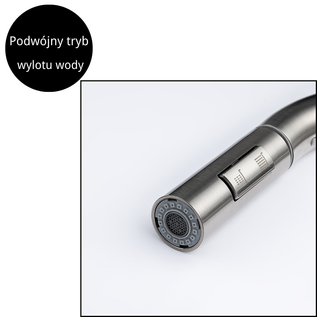 Bateria kuchenna z wyciąganą wylewką Inox – Jednouchwytowa, Obrotowa 360°, Mosiądz, Perlator, Montaż standardowy