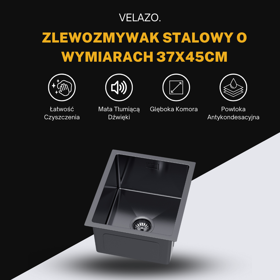 Single-bowl steel sink 37x45cm in PVD Graphite color by VELAZO.