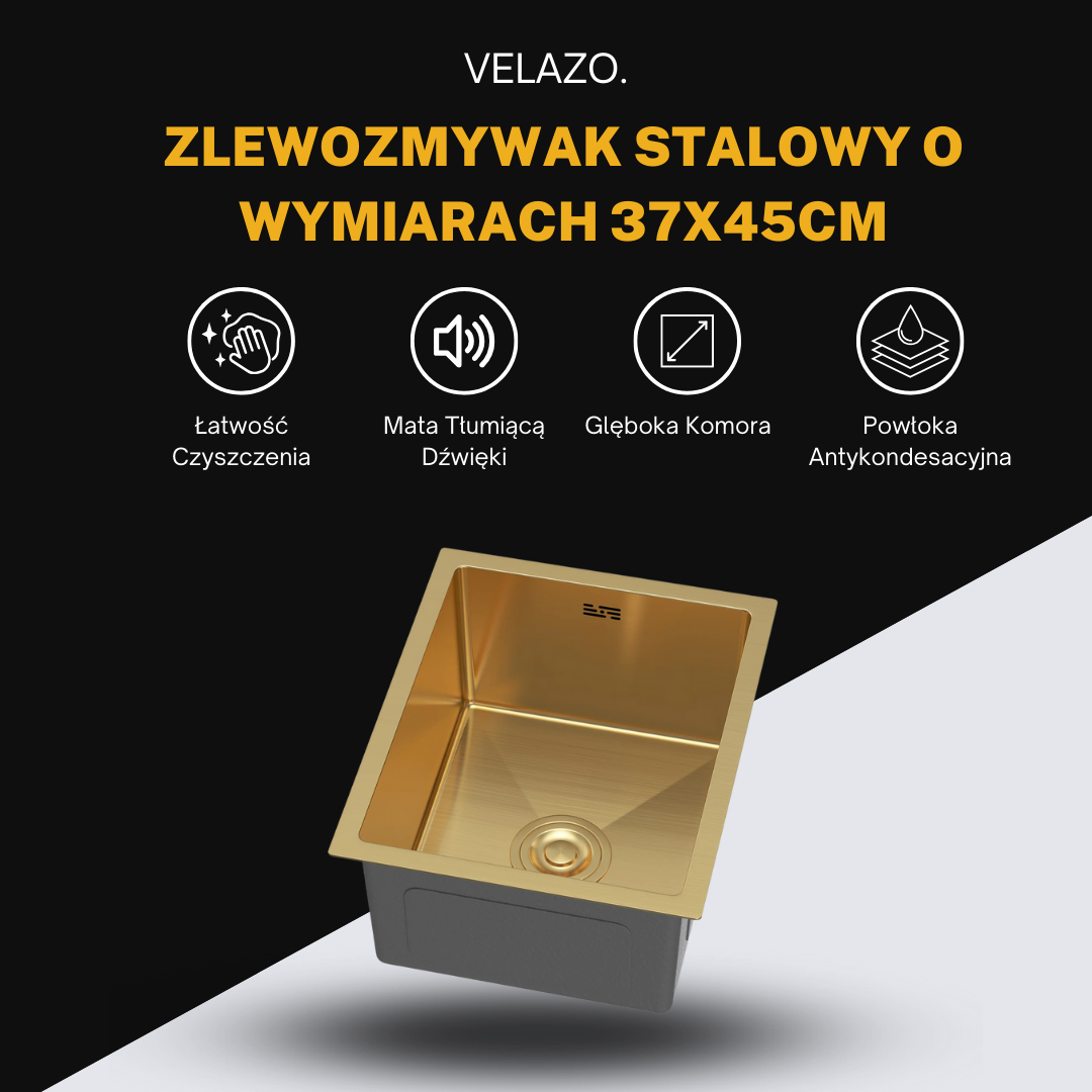 Zlewozmywak Jednokomorowy Stalowy 37x45cm w kolorze PVD Złoty od VELAZO.