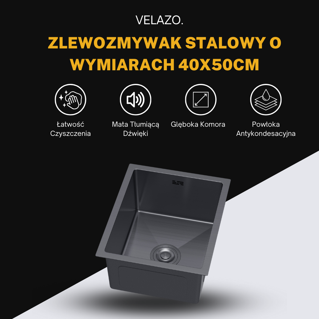 Zlewozmywak Jednokomorowy Stalowy 40x50cm Bez Otworu na Baterie w kolorze PVD Grafit od VELAZO.