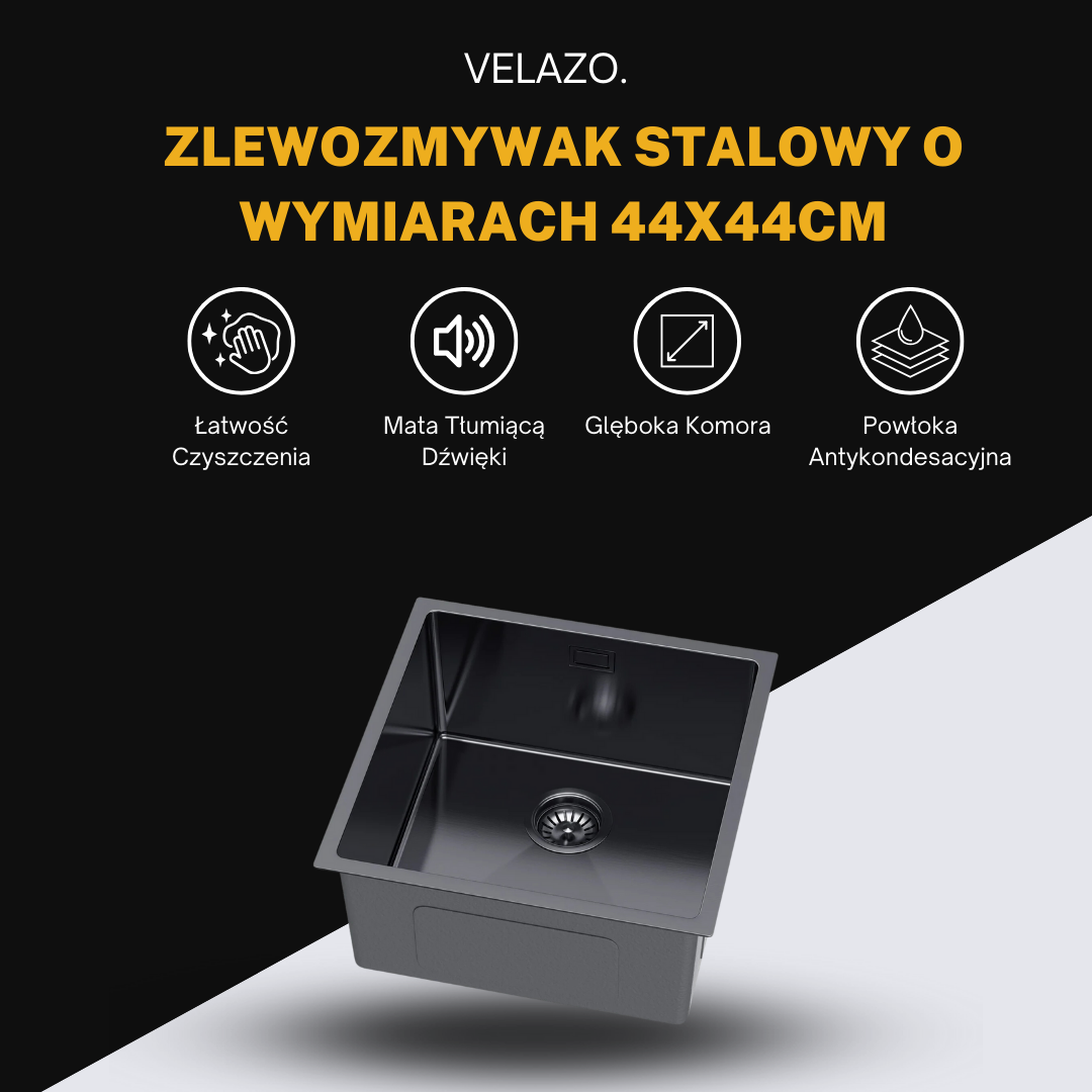 Zlewozmywak Jednokomorowy - 44x44cm w kolorze PVD GRAFIT od VELAZO.