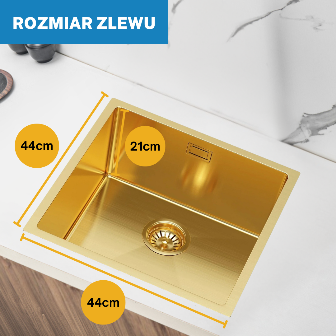 PVD-Gold-Stahl-Einzelspülbecken 44 x 44 cm in der Farbe VELAZO.