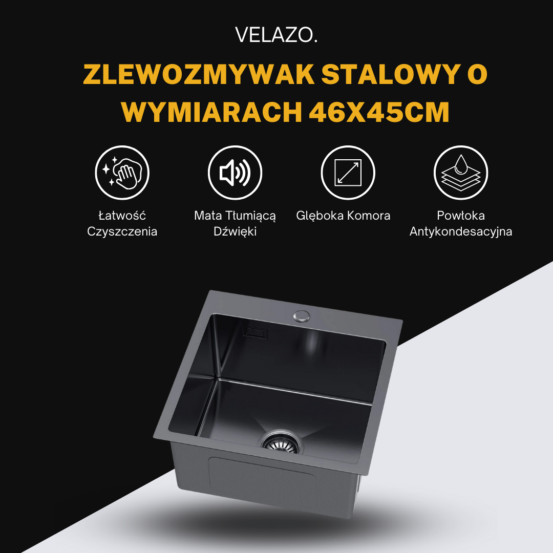 Zlewozmywak Jednokomorowy Stalowy 46x45cm w kolorze PVD Grafit od VELAZO.