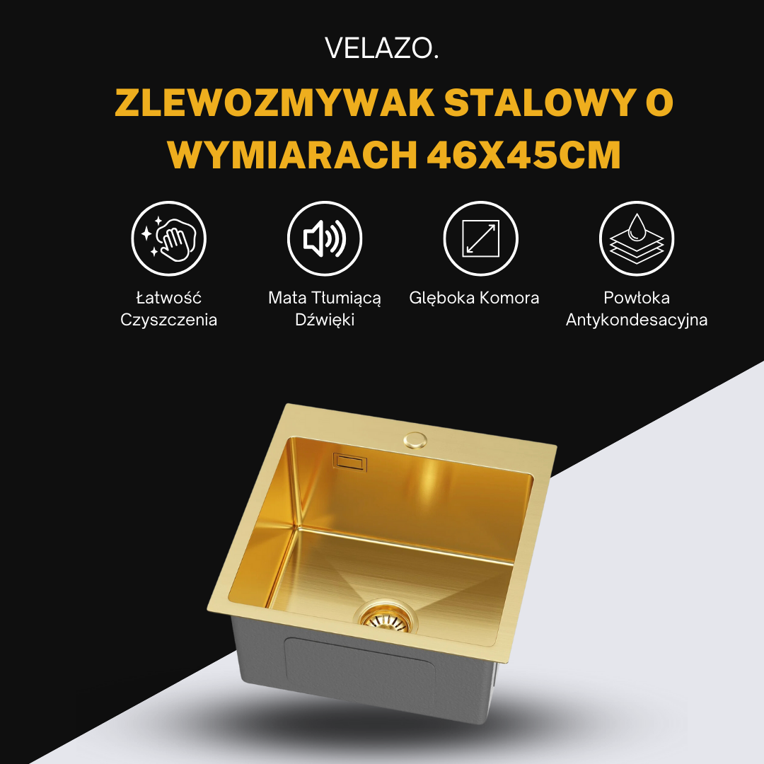 Złoty Zlewozmywak Jednokomorowy Stalowy 46x45cm od VELAZO.