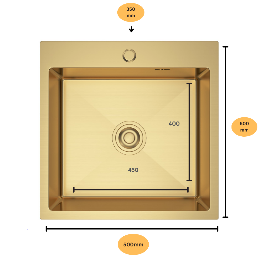 PVD-Gold-Einzelspüle aus Stahl 50 x 50 cm von Velazo.