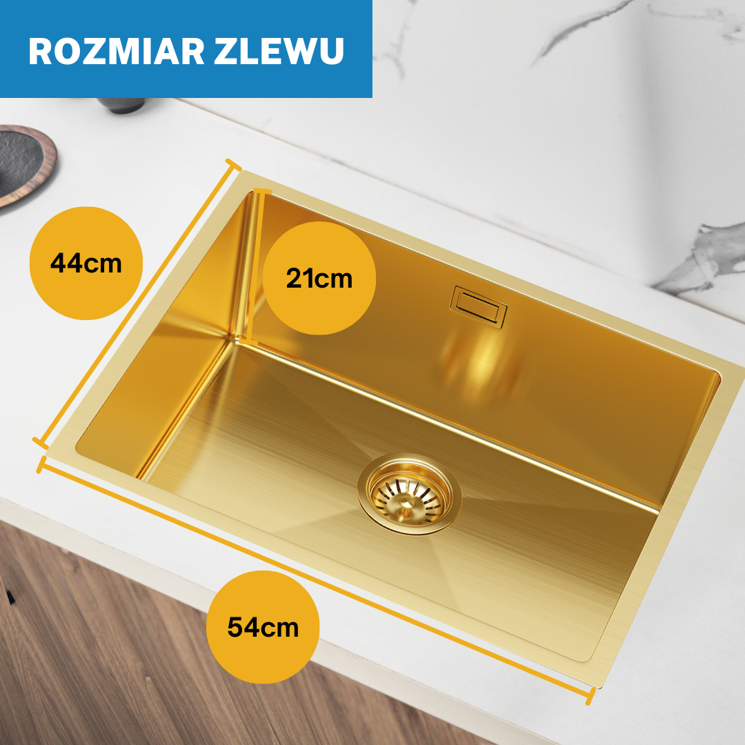 Goldfarbene Stahlspüle mit Einzelbecken, 54 x 44 cm, von VELAZO.