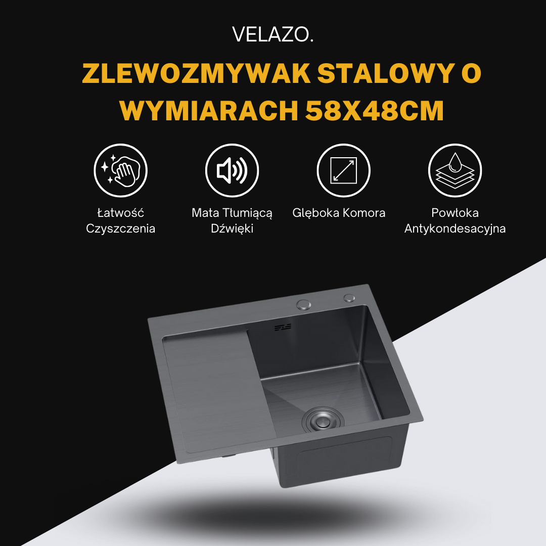 Zlewozmywak Stalowy Jednokomorowy z Ociekaczem 58x48cm w kolorze PVD Grafit od VELAZO.