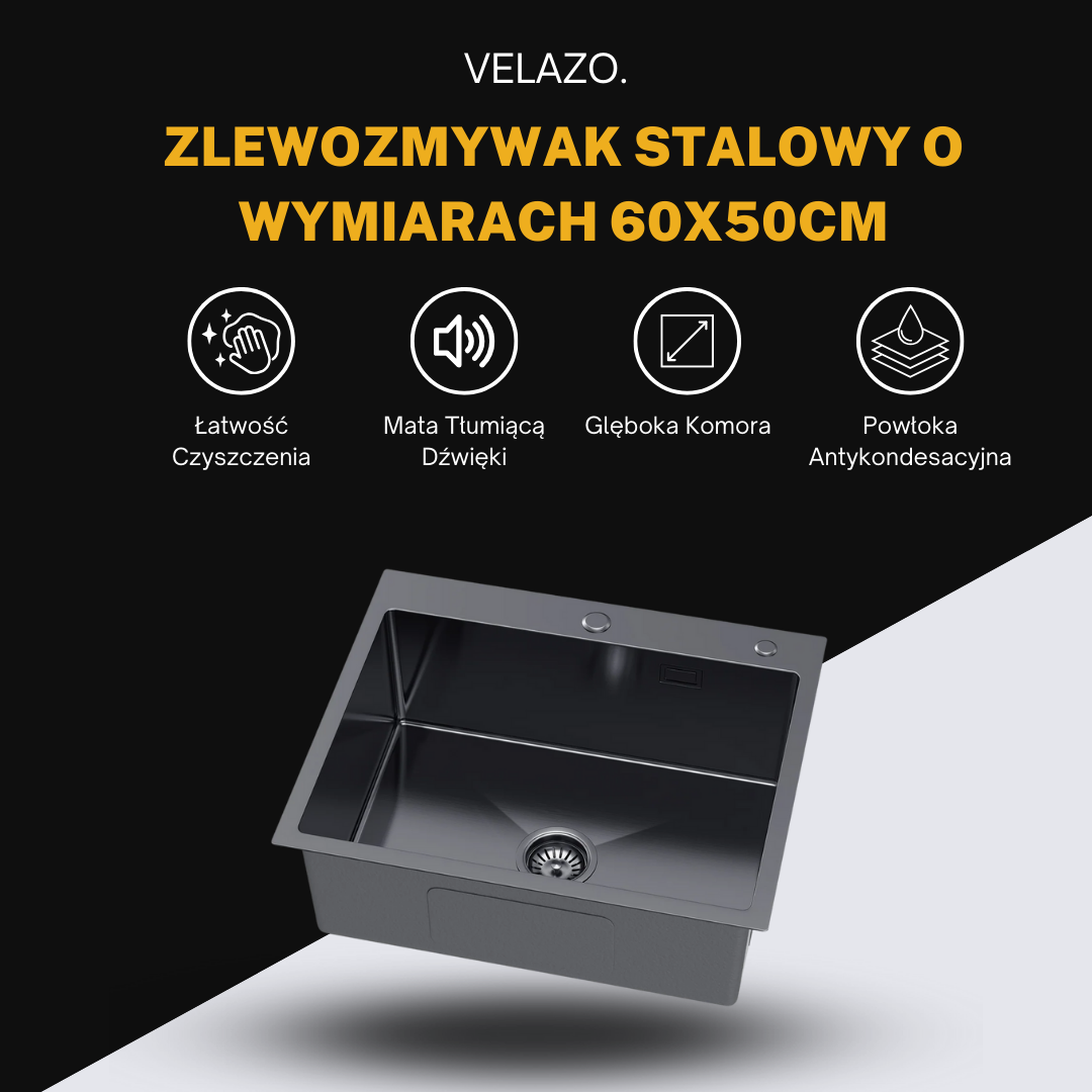Zlewozmywak Stalowy Jednokomorowy 60x50cm z Glęboką Komorą oraz Otworem na Dozownik - PVD Grafitowy od Velazo.