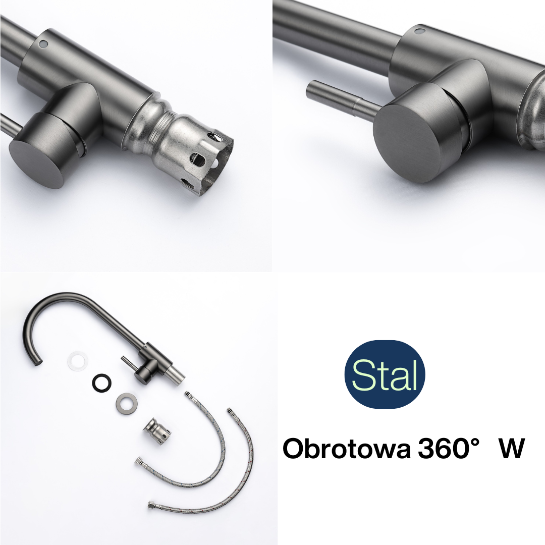 Black steel kitchen tap, cold and hot water tap, brass sink for washing vegetables and dishes, 360° swivel