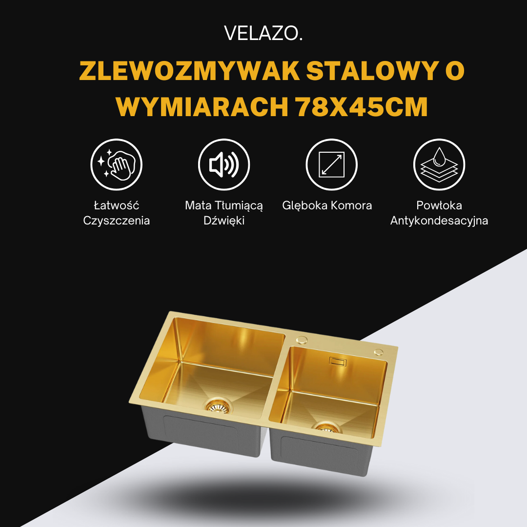 Złoty Zlewozmywak Dwukomorowy 78x45cm od VELAZO.