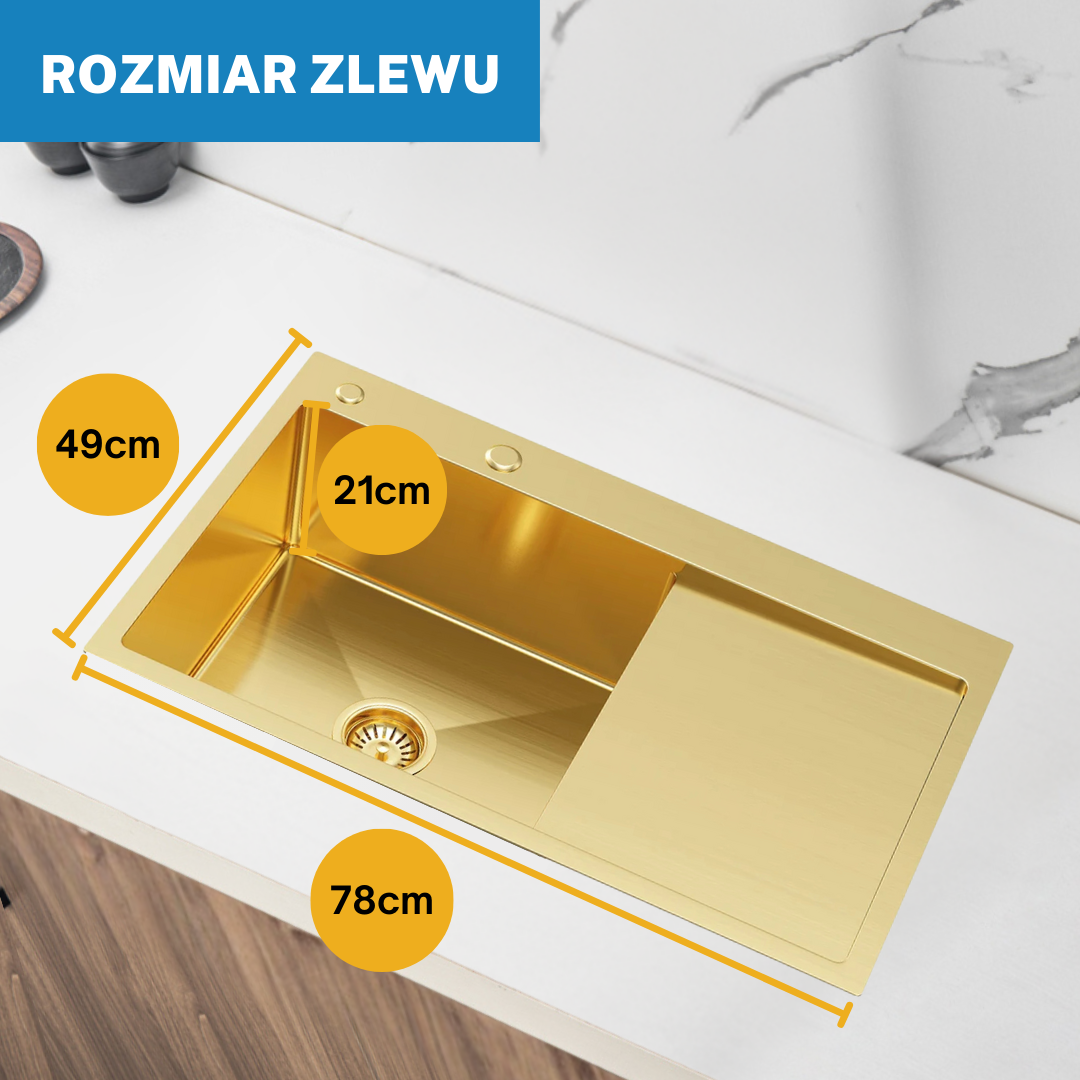 Einzelbecken-Stahlspüle mit Abtropffläche – 78 x 49 cm in der Farbe Gold-PVD von VELAZO.