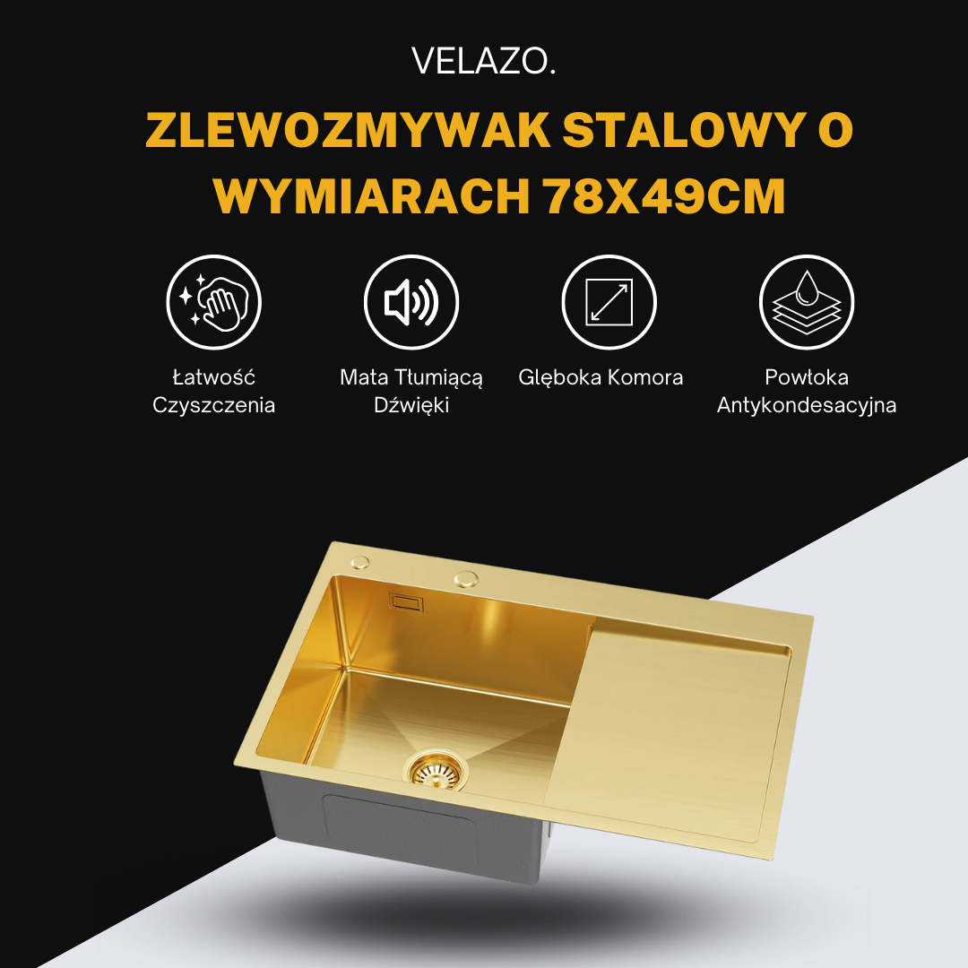 Einzelbecken-Stahlspüle mit Abtropffläche – 78 x 49 cm in der Farbe Gold-PVD von VELAZO.