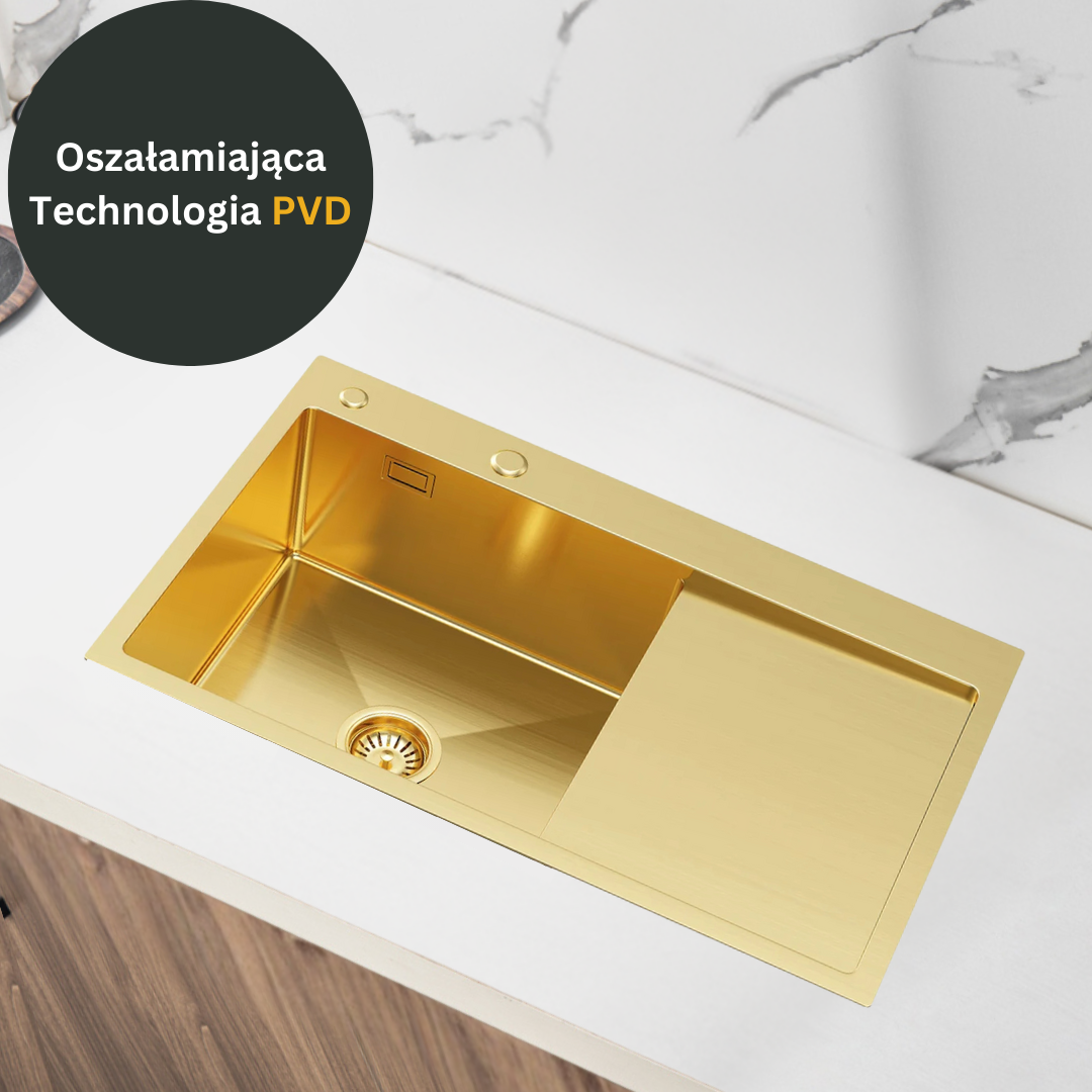 Einzelbecken-Stahlspüle mit Abtropffläche – 78 x 49 cm in der Farbe Gold-PVD von VELAZO.