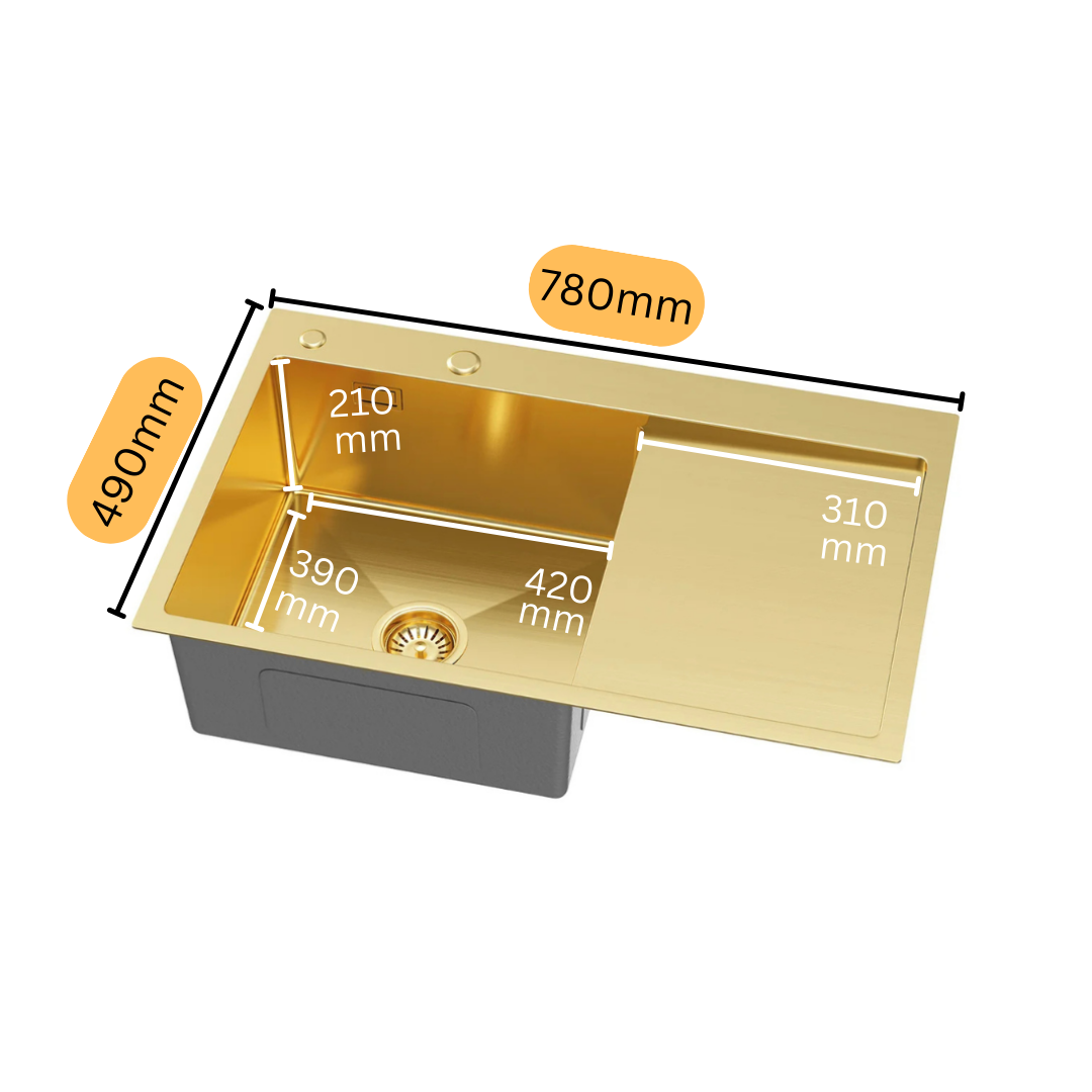 Einzelbecken-Stahlspüle mit Abtropffläche – 78 x 49 cm in der Farbe Gold-PVD von VELAZO.
