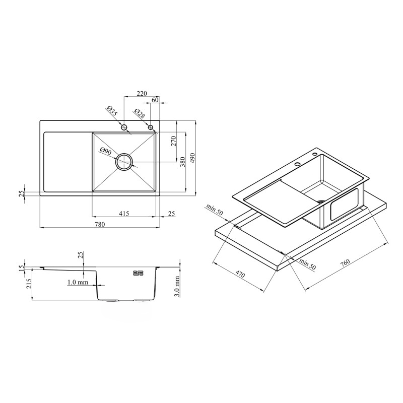 Zlewozmywak Stalowy Jednokomorowy z Ociekaczem - 78x49cm w kolorze INOX od VELAZO.