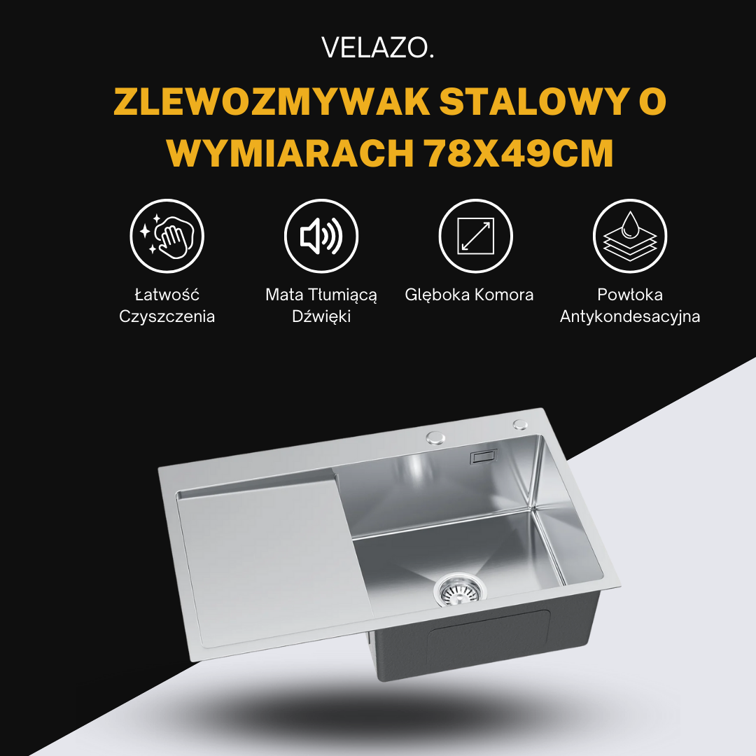Zlewozmywak Stalowy Jednokomorowy z Ociekaczem - 78x49cm w kolorze INOX od VELAZO.