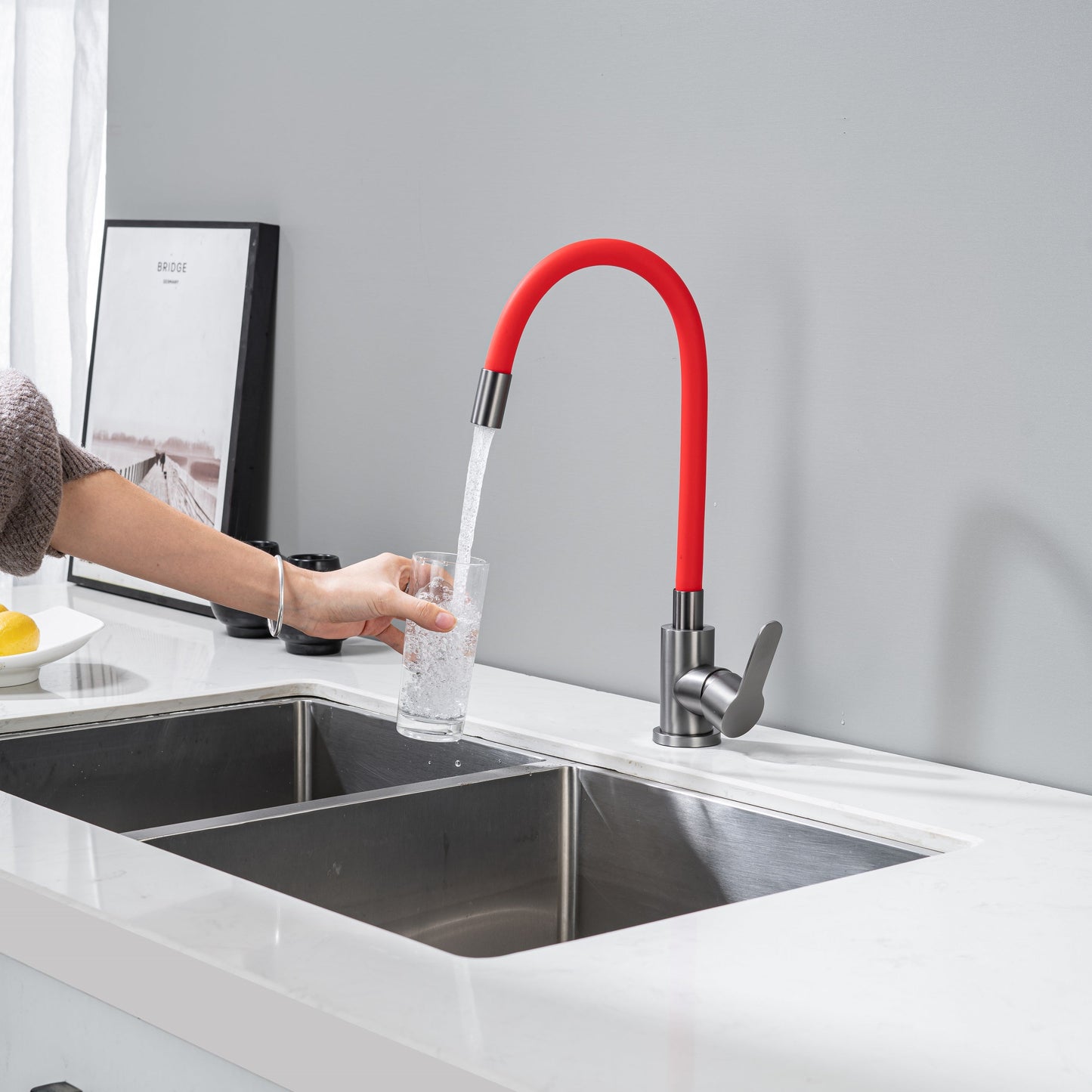 Küchenarmatur mit flexiblem Auslauf Rot Flexi/Graphit