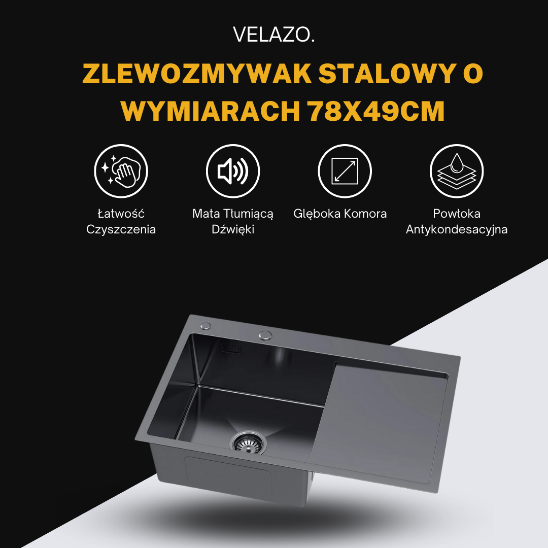 Zlewozmywak Stalowy Jednokomorowy z Ociekaczem - 78x49cm w kolorze PVD Grafitowy od VELAZO.