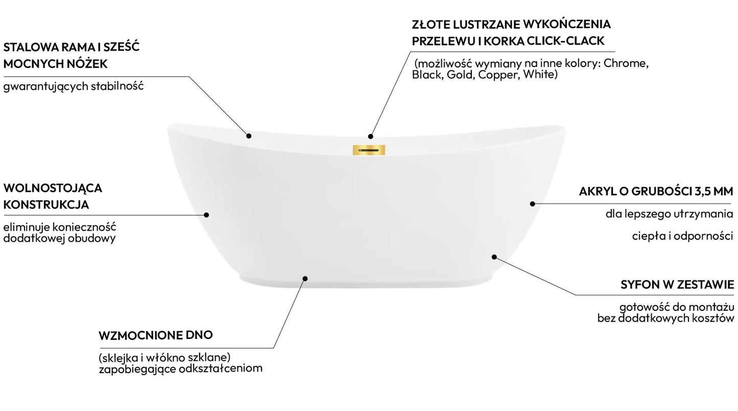 Wanna wolnostojąca Balneo PARMA 170x72 cm – biała akrylowa z ramą stalową i korkiem Click-Clack złoto lustrzane