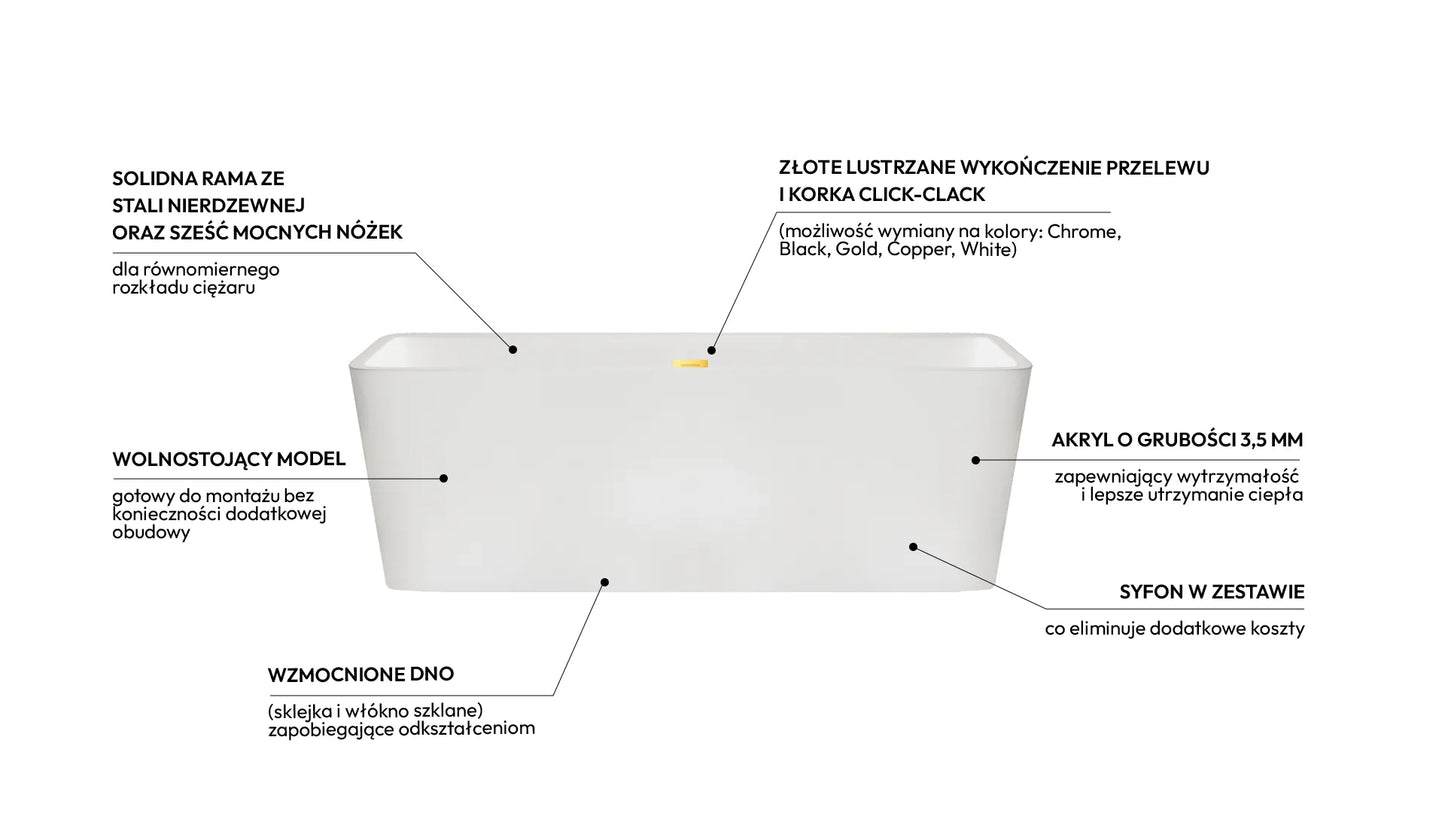 Wanna Wolnostojąca Balneo ROMA 170x80 cm Biała z Przelewem i Złotym Lustrem Click-Clack