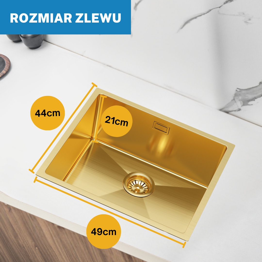 Zlewozmywak 49x44 cm PVD Złoty – Jednokomorowy, Nablatowy, Z Odpływem od VELAZO.