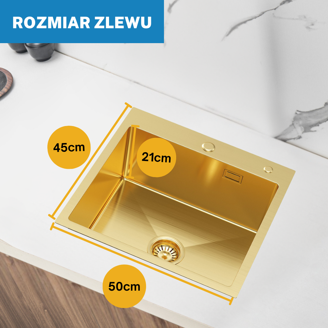 Zlewozmywak Kuchenny 50x45 cm Złoty ze Stali Nierdzewnej z Otworem na Baterię i Przelewem od VELAZO.