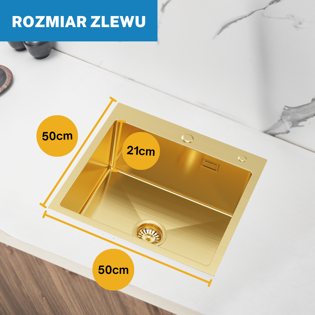 Zlewozmywak 50x50 cm PVD Złoty – Nablatowy, Z Otworem na Baterię i Przelewem od VELAZO.