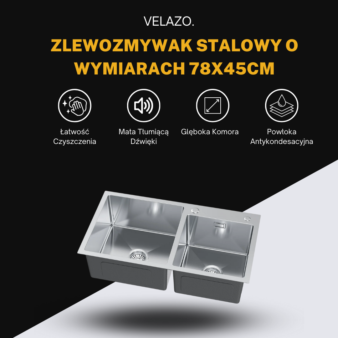 Zlewozmywak Dwukomorowy Stalowy 78x45cm w kolorze INOX od VELAZO.