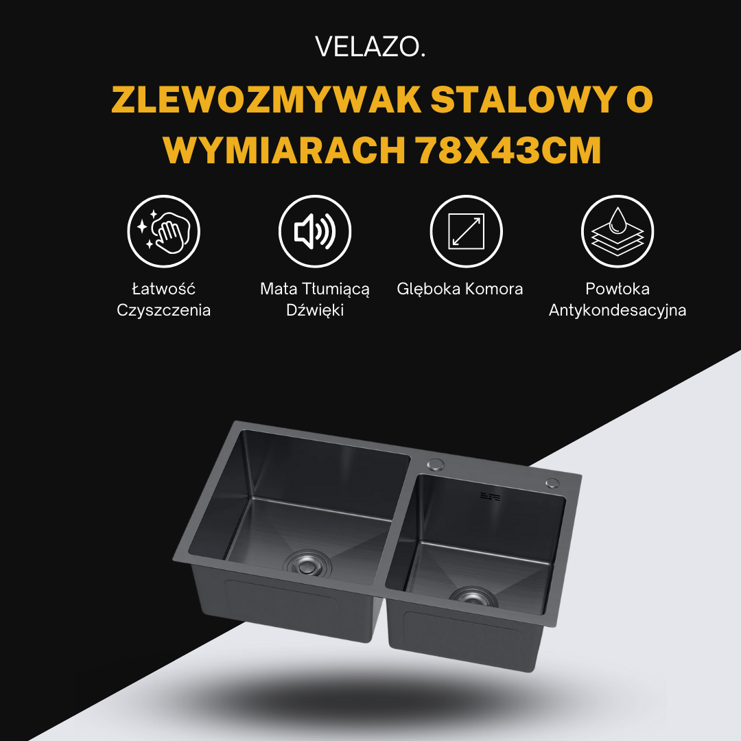 Zlewozmywak Dwukomorowy Kuchenny Stalowy PVD Grafitowy 78x43 cm od Velazo.