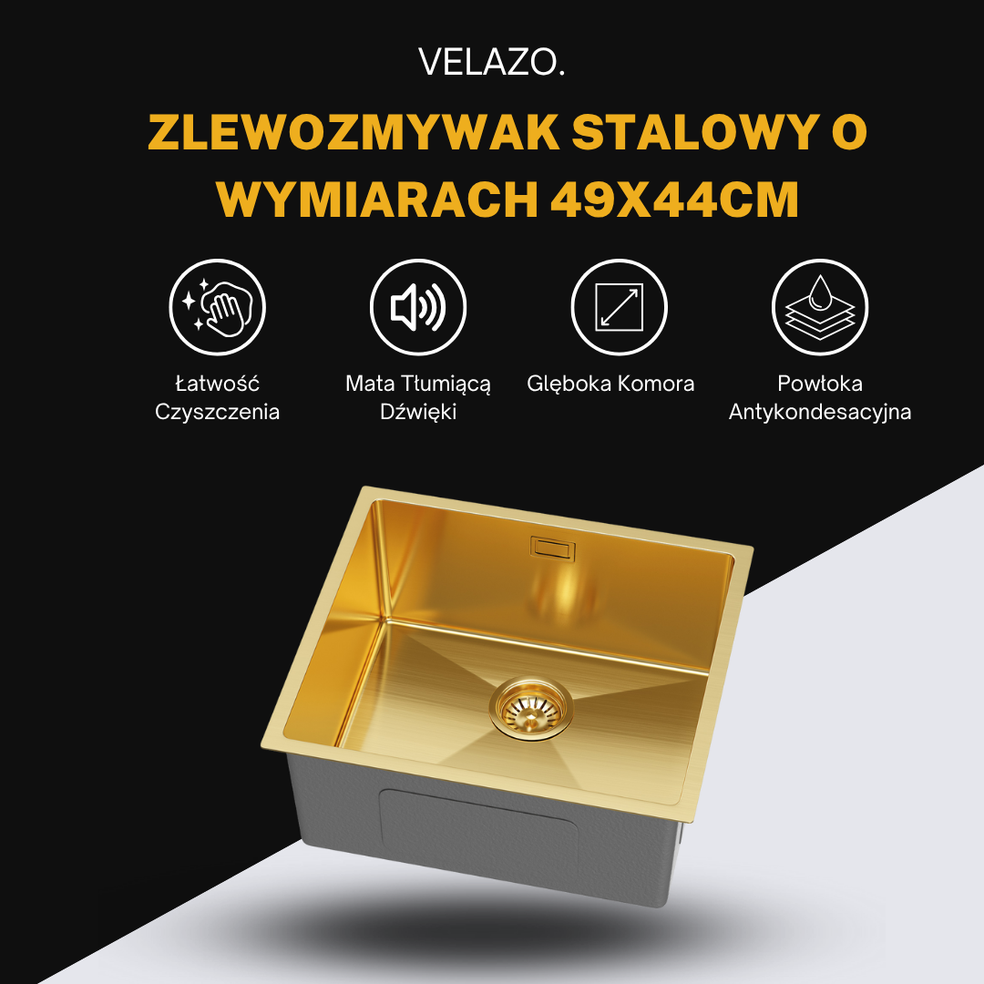 Zlewozmywak 49x44 cm PVD Złoty – Jednokomorowy, Nablatowy, Z Odpływem od VELAZO.