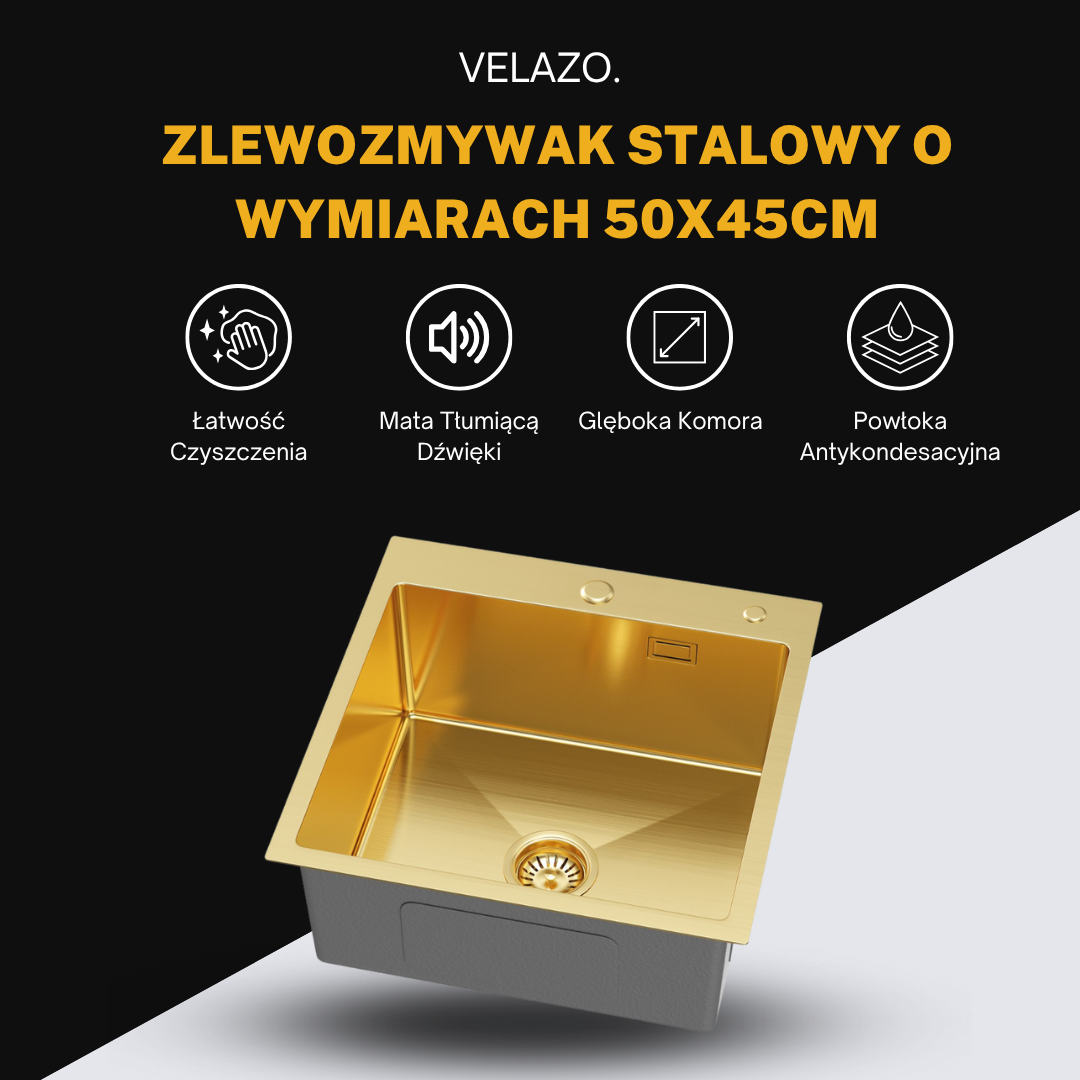 Zlewozmywak Kuchenny 50x45 cm Złoty ze Stali Nierdzewnej z Otworem na Baterię i Przelewem od VELAZO.