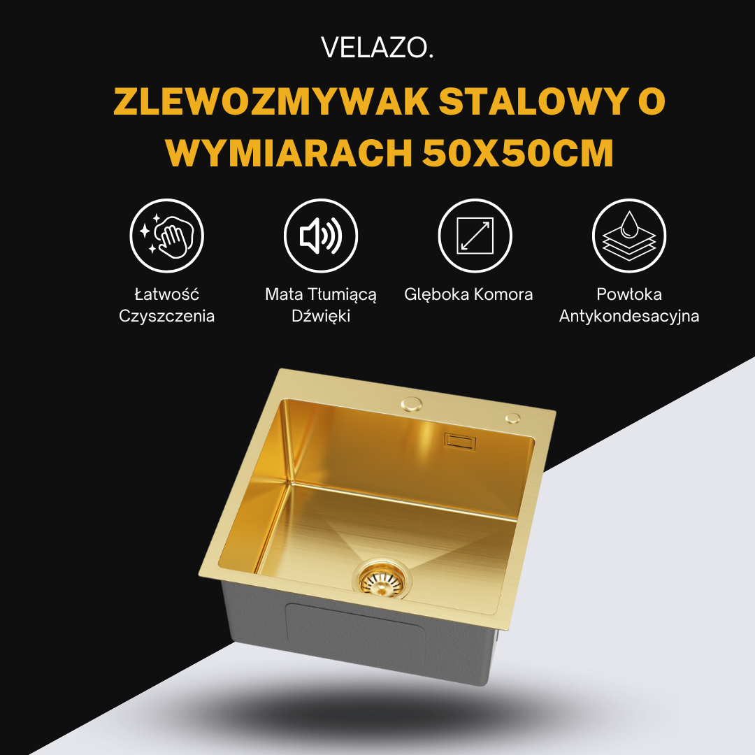 Zlewozmywak 50x50 cm PVD Złoty – Nablatowy, Z Otworem na Baterię i Przelewem od VELAZO.