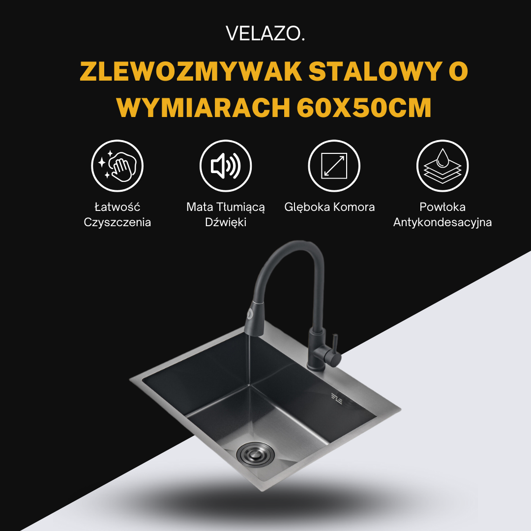 Zlewozmywak stalowy jednokomorowy 60x50 cm PVD Grafitowy od Velazo.
