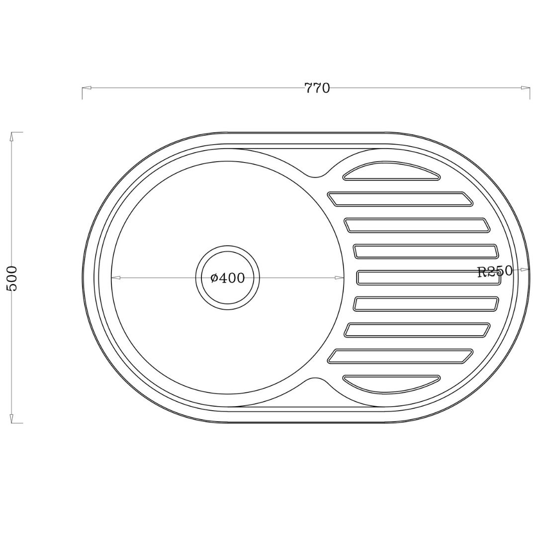 Steel sink 77x50 cm oval with drainer, single-bowl, silver