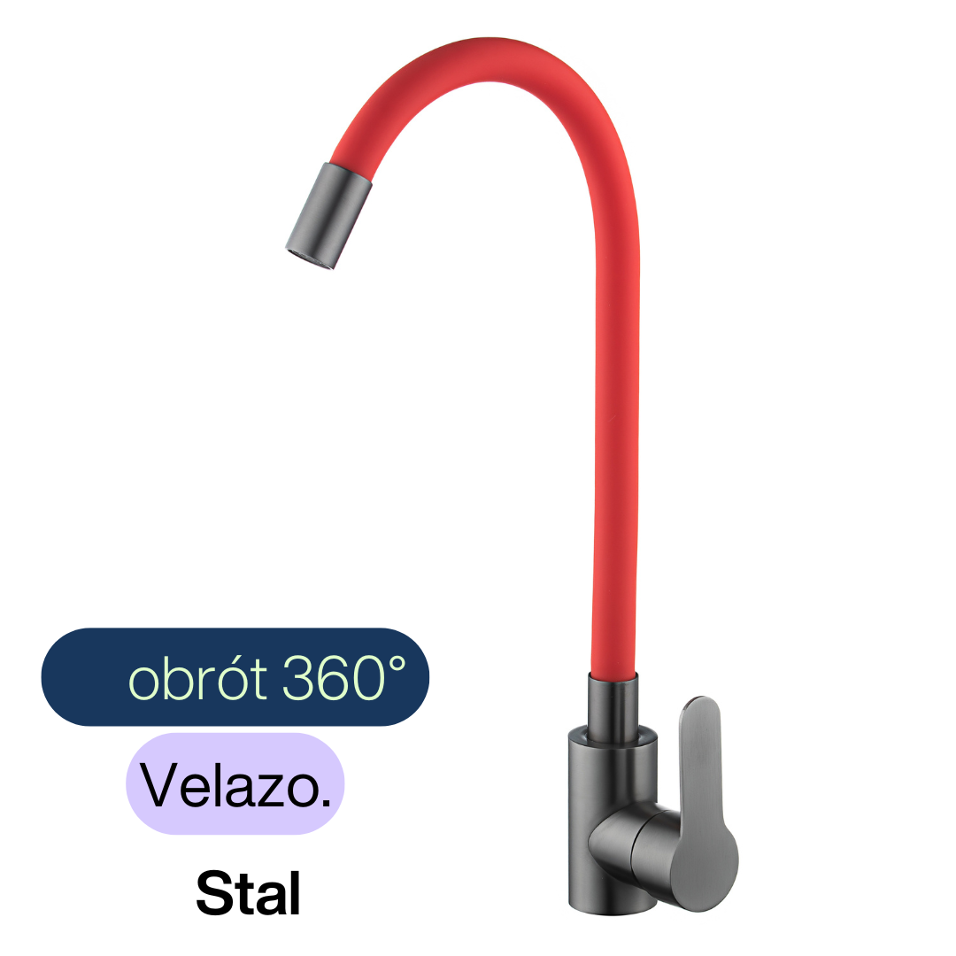 Küchenarmatur mit flexiblem Auslauf rot flexi - graphit