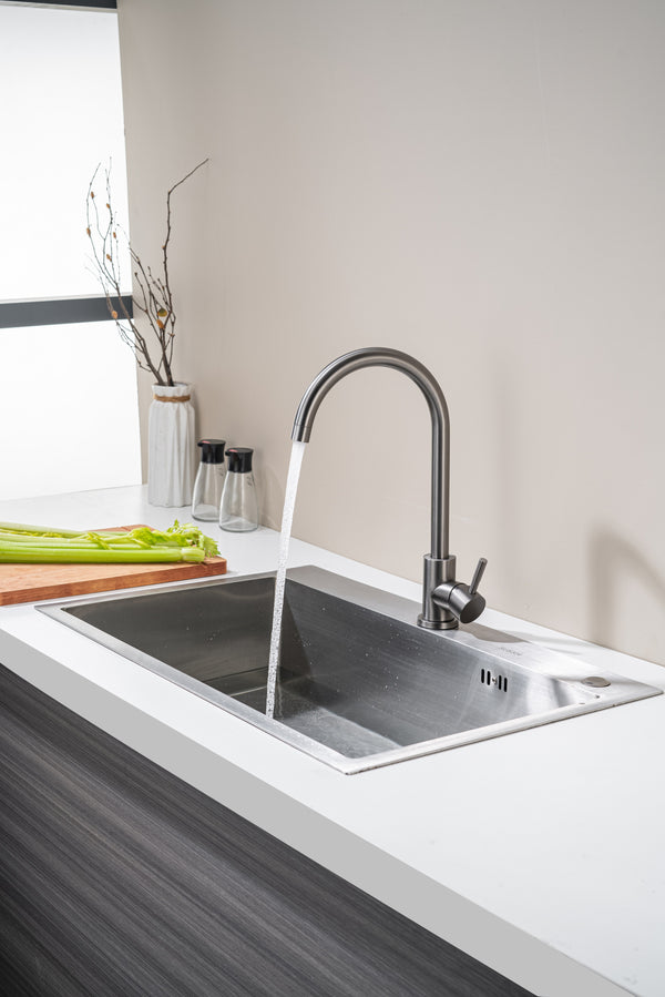 Black steel kitchen tap, cold and hot water tap, brass sink for washing vegetables and dishes, 360° swivel