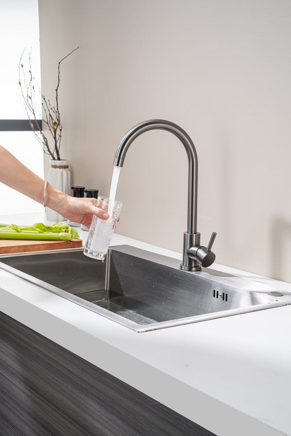 Black steel kitchen tap, cold and hot water tap, brass sink for washing vegetables and dishes, 360° swivel