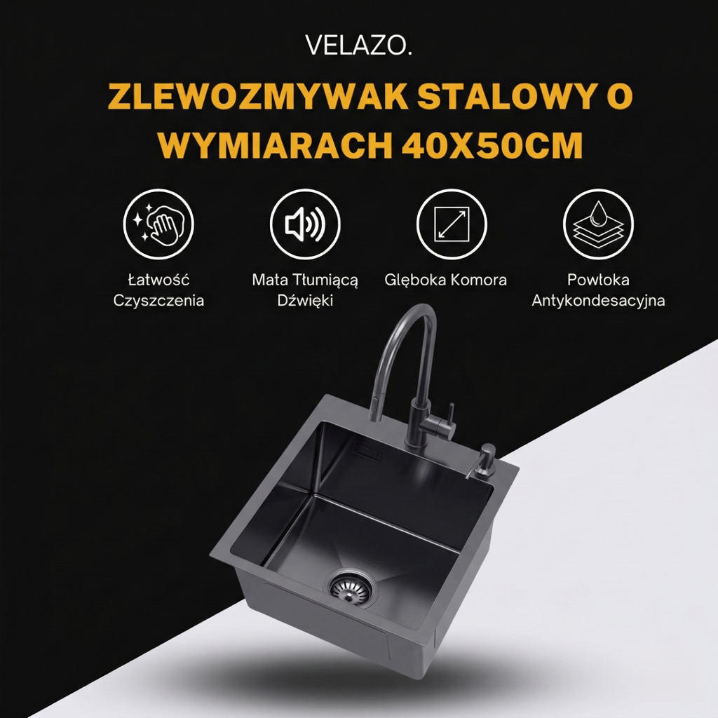 Kitchen sink 40x50cm in PVD Graphite color + siphon - from VELAZO.