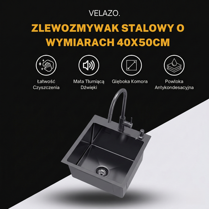 Kitchen sink 40x50cm in PVD Graphite color + siphon - from VELAZO.
