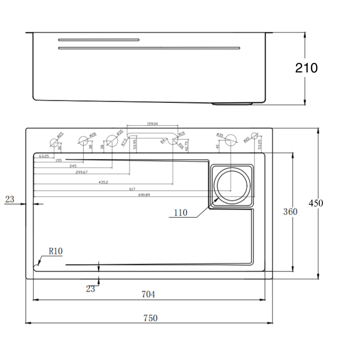 Single-bowl steel sink with double waterfall 75x46cm VELAZO.