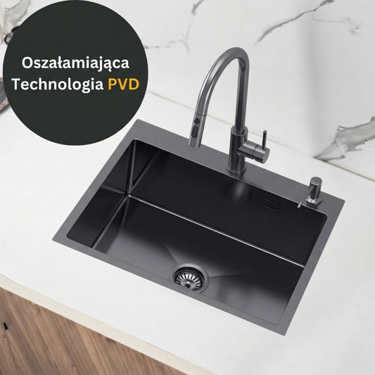Zlewozmywak Stalowy Jednokomorowy 60x50cm z Glęboką Komorą oraz Otworem na Dozownik - PVD Grafitowy + Syfon - od VELAZO.
