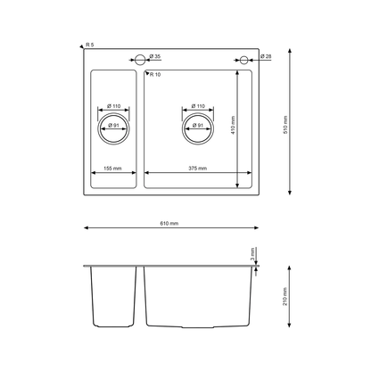 Stalowy Zlewozmywak Półtorakomorowy Stalowy 61x51cm z Syfonem w kolorze INOX od VELAZO.
