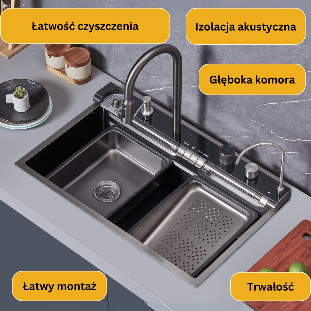 Zlewozmywak Jednokomorowy z Podwójnym Wodospadem i Cyfrowym Wyświetlaczem Temperatury oraz Oświetleniem LED 75x46cm VELAZO.