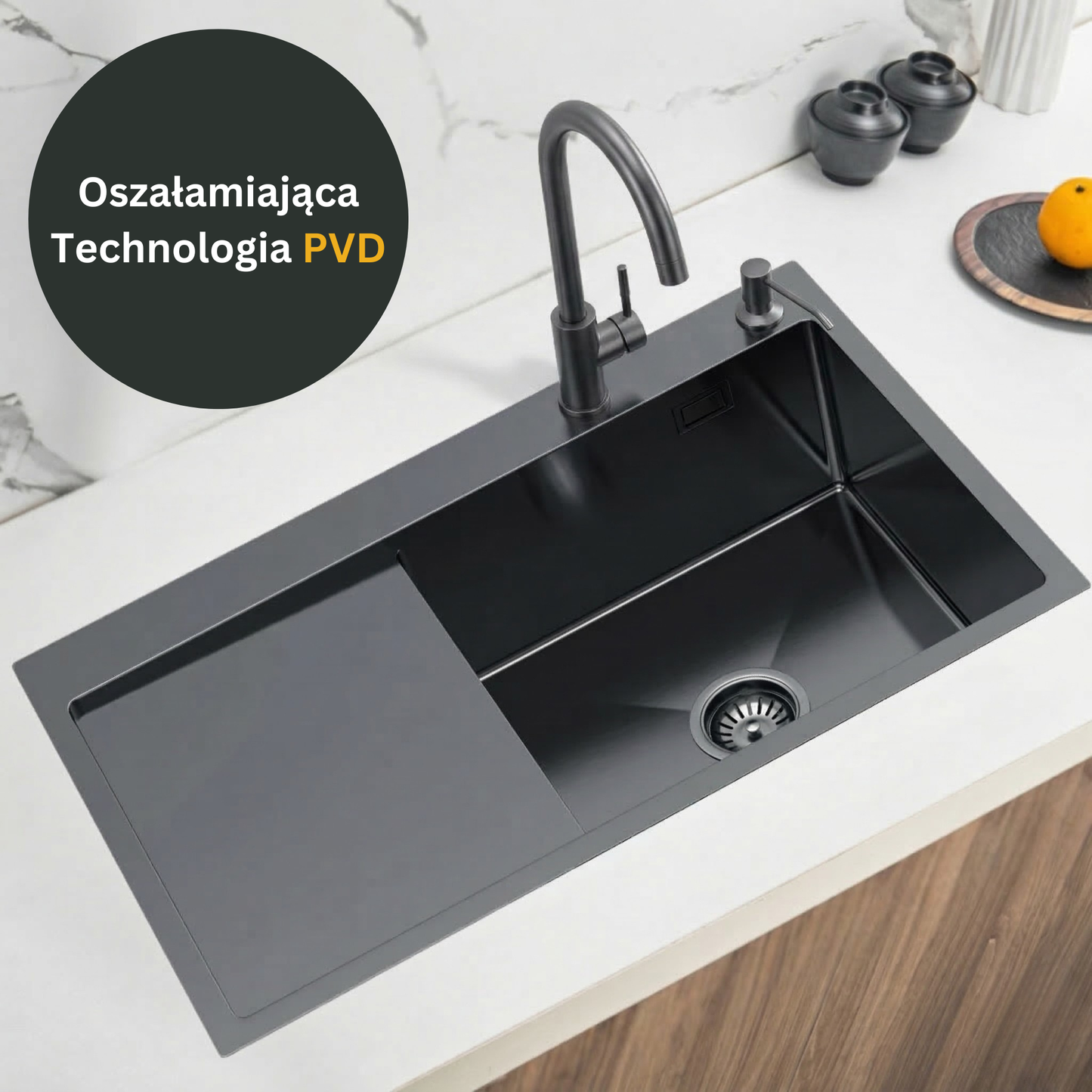Zlewozmywak Stalowy Jednokomorowy z Ociekaczem - 78x49cm w kolorze PVD Grafitowy + Syfon - od VELAZO.