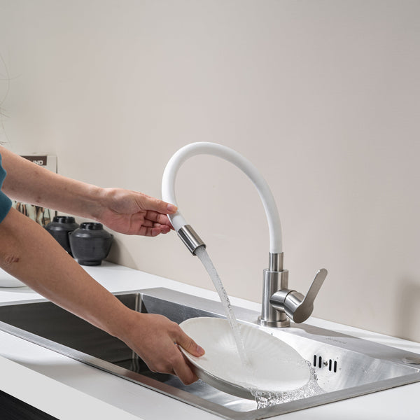 Kitchen Tap with Flexible Spout White Flexi /Inox 