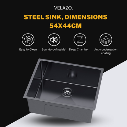 Einzelbecken-Stahlspüle 54 x 44 cm in der Farbe PVD Graphit von VELAZO.