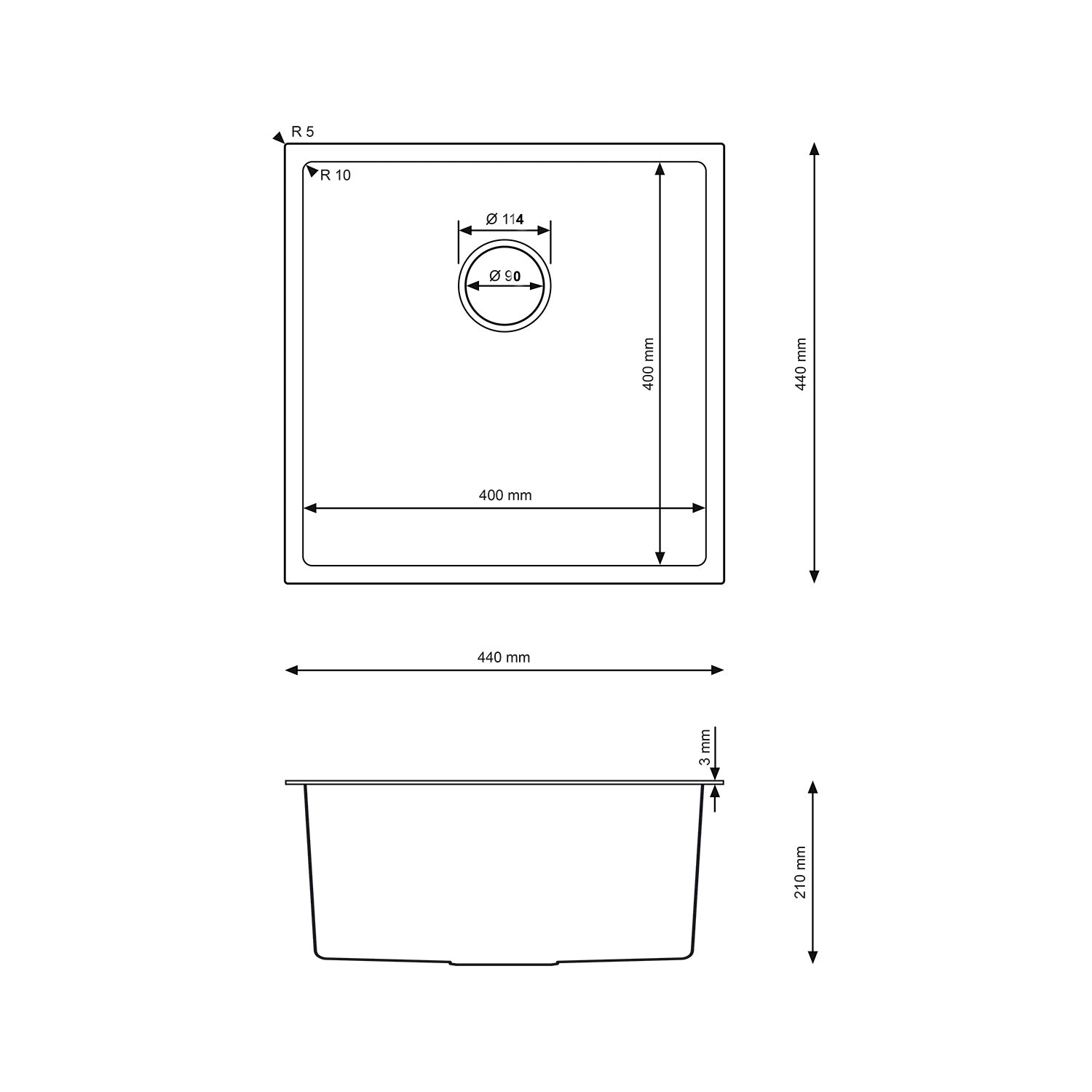 Single-bowl steel sink - 44x44cm in INOX color by VELAZO.