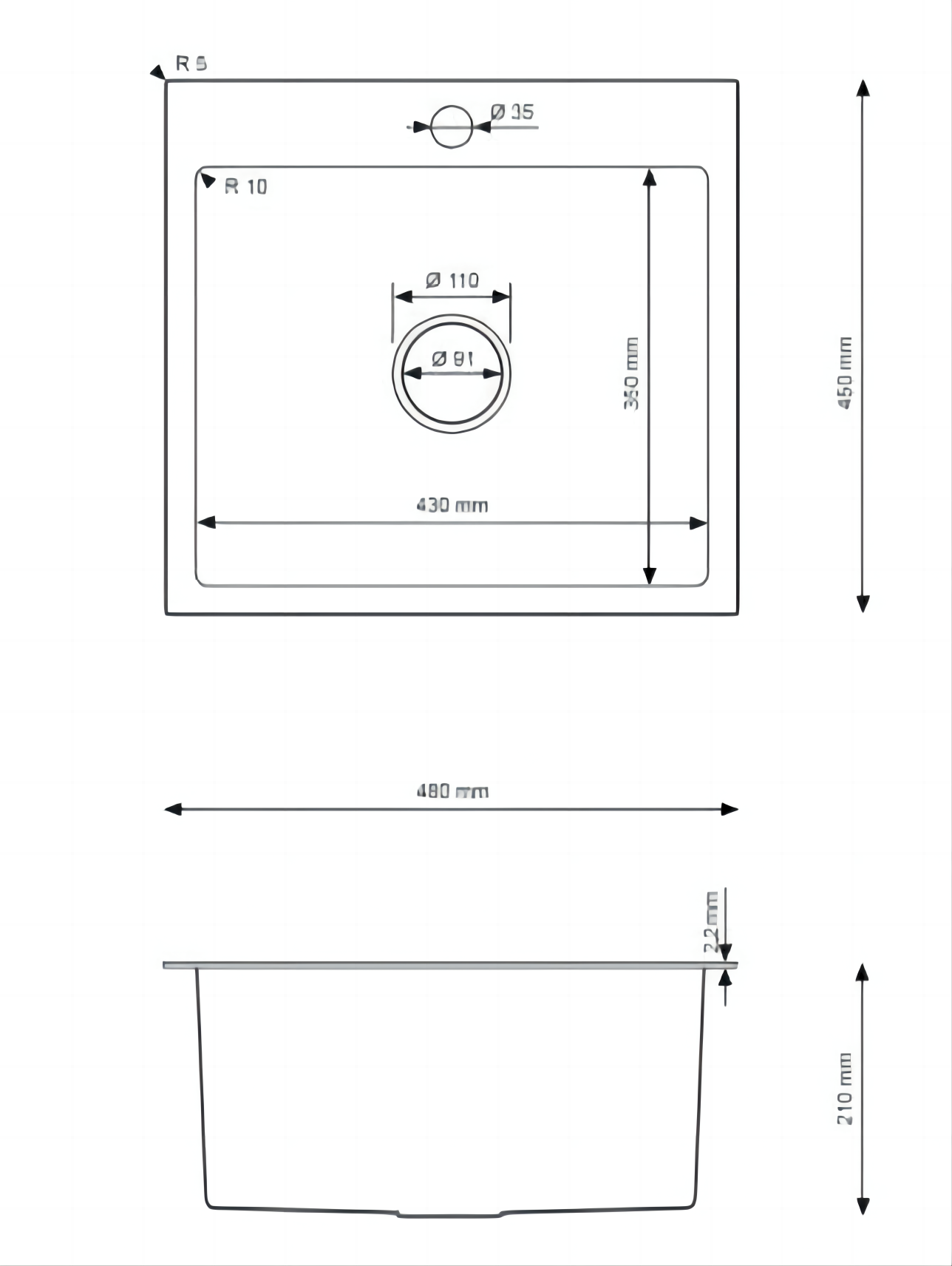 Stainless Steel Sink 48x45cm with tap hole - by Velazo.