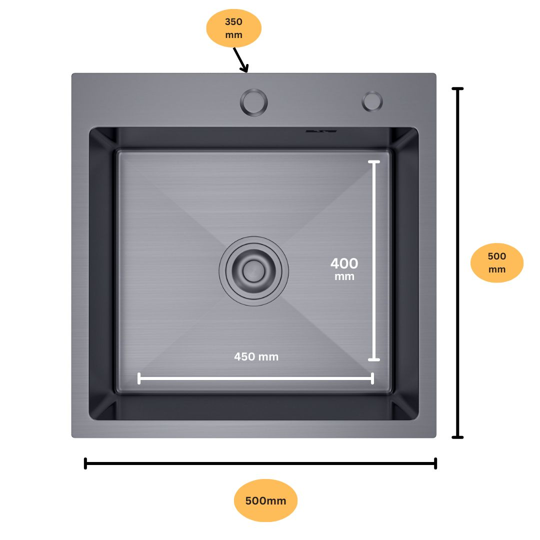 Single-bowl Graphite sink - 50x50 cm in PVD GRAPHITE color from VELAZO.