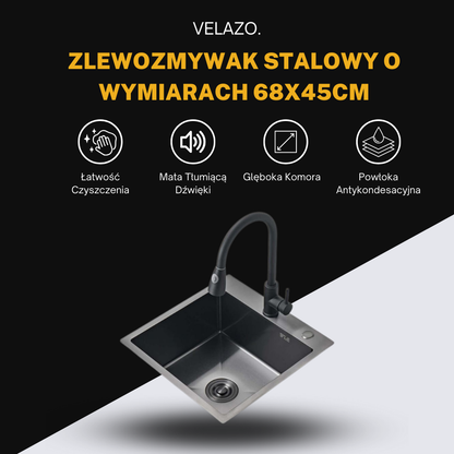 Single-bowl Graphite sink - 50x50 cm in PVD GRAPHITE color from VELAZO.